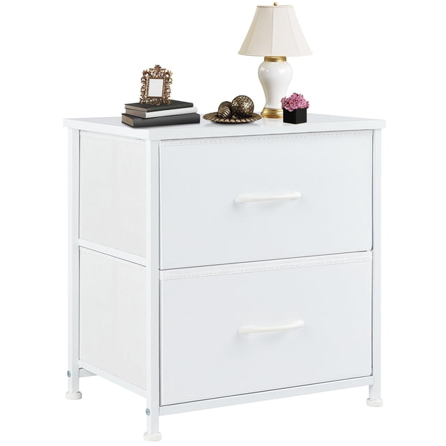 Mesa de noche DUMOS, cómoda pequeña con 2 cajones de tela, blanca