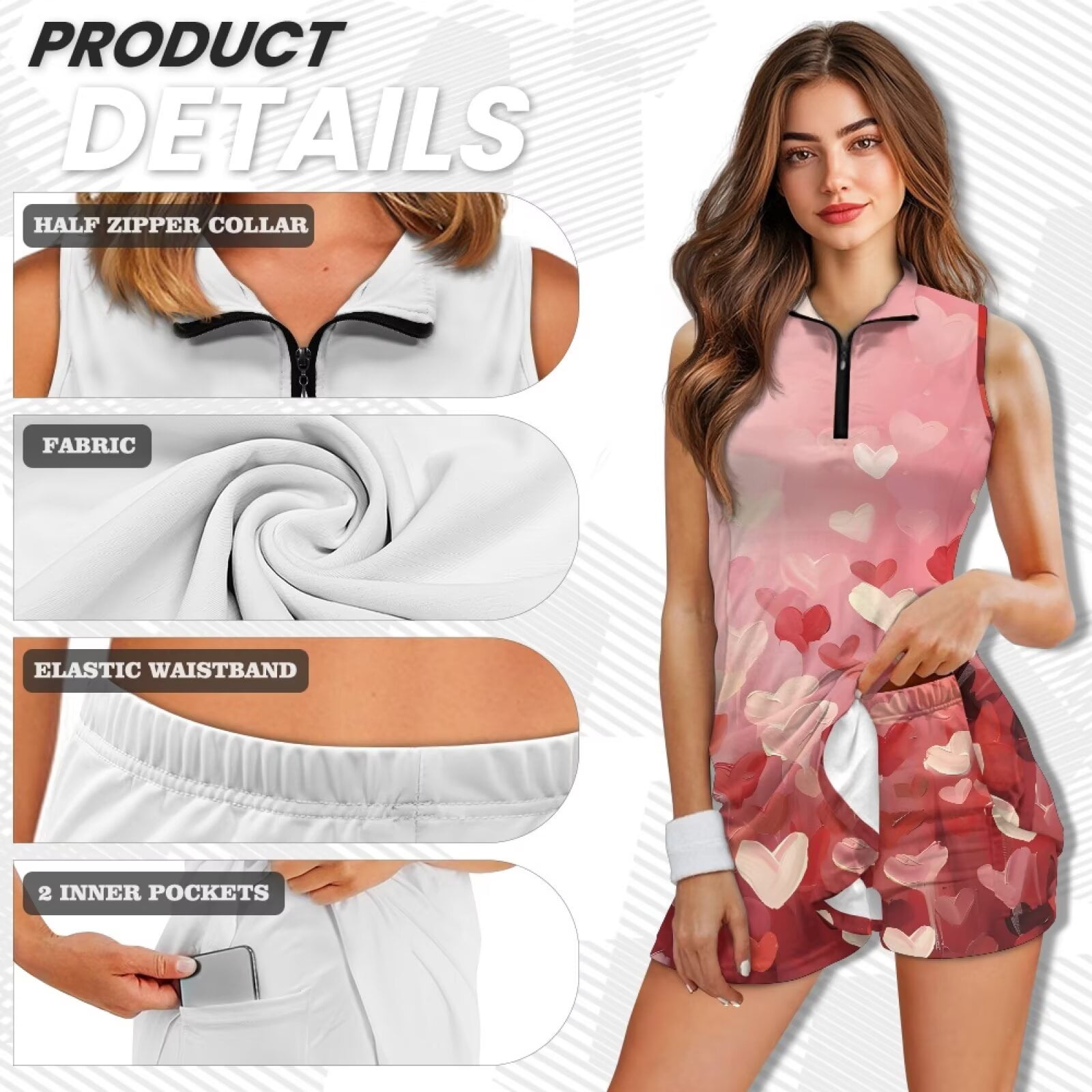 Uorisanigo Artistic Heart Golf Dresses for Women Soft Breathable Womens Sleeveless Golf Tennis Dresses Fashion Outing Wear with Inner Shorts＆Pockets 2 Pieces
