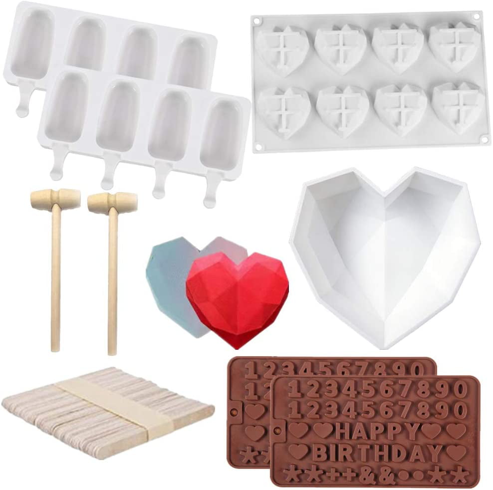 Purple 2 Pieces Silicone Heart Shaped Ice Cream Mould 2-Cavity Diamond Heart Chocolate Mold Diamond Heart Mousse Cake Mold 3D Heart Pop Mold with 50 Pieces Wooden Sticks for Popsicle Ice Cream Lolly