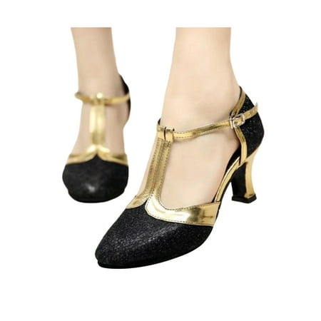 

Gomelly Ladies Dance Shoes Closed Toe Sandals T-strap Latin Shoe Non-Slip Chunky Heels Womens Women Pumps Black 8