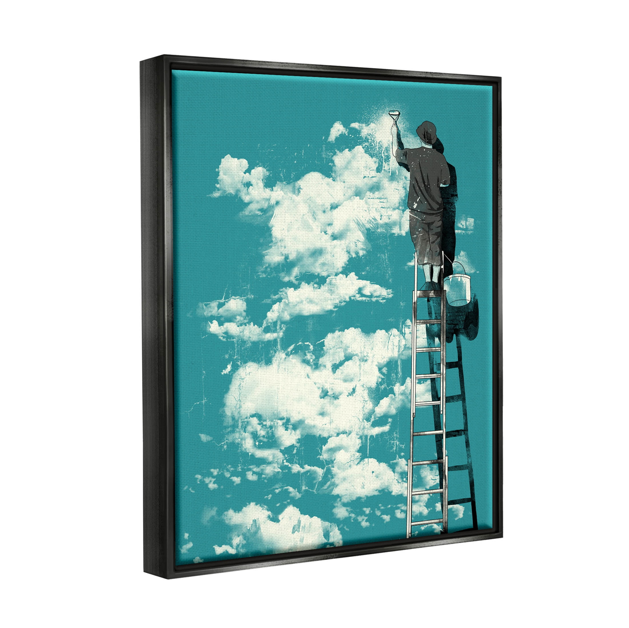 Stupell Industries Painter On Ladder Conceptual Clouds Graphic Art Jet Black Floating Framed Canvas Print Wall Art, Design by Matheus Lopes Castro