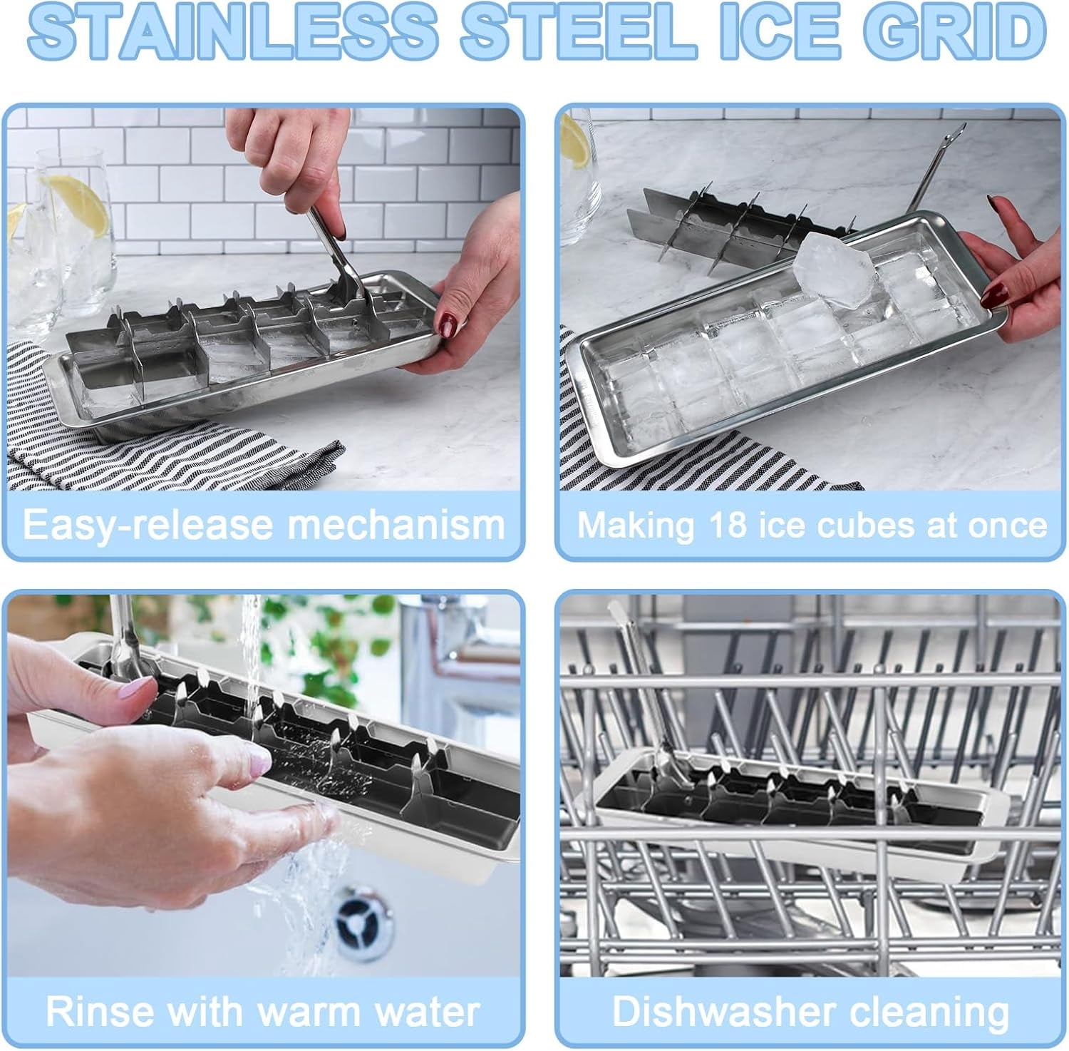Topboutique Ice Cube Tray 2 Pcs Stainless Steel Ice Cube Trays 18 Compartment Ice Mold Durable Metal Ice Maker with Easy Release Handle for Home and Bar Use,Dishwasher Safe