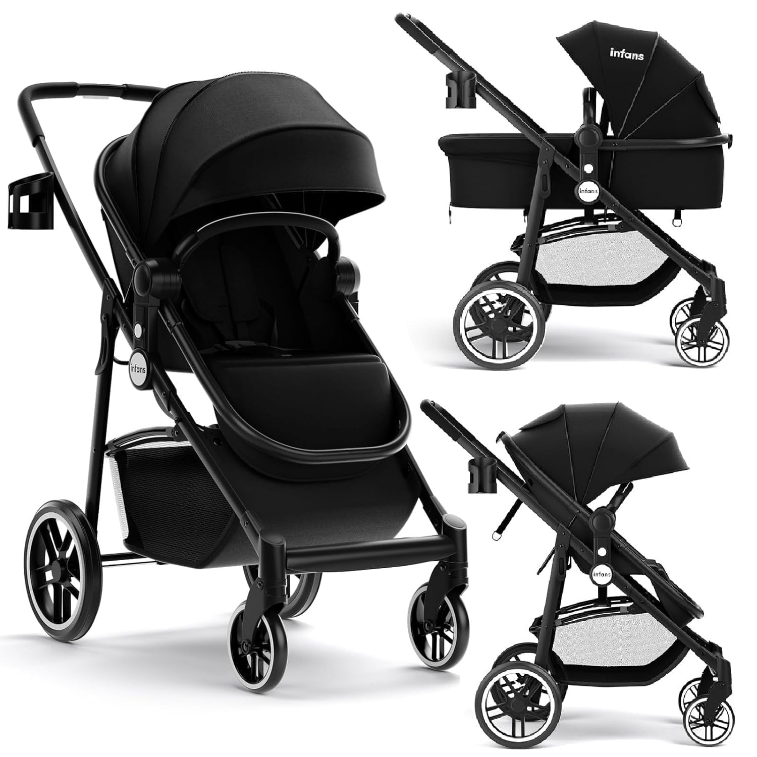 INFANS 2 in 1 Baby Stroller, High Landscape Infant Stroller, Foldable Pushchair with Adjustable Canopy, Cup Holder, Storage Basket, Suspension Wheels (Black)
