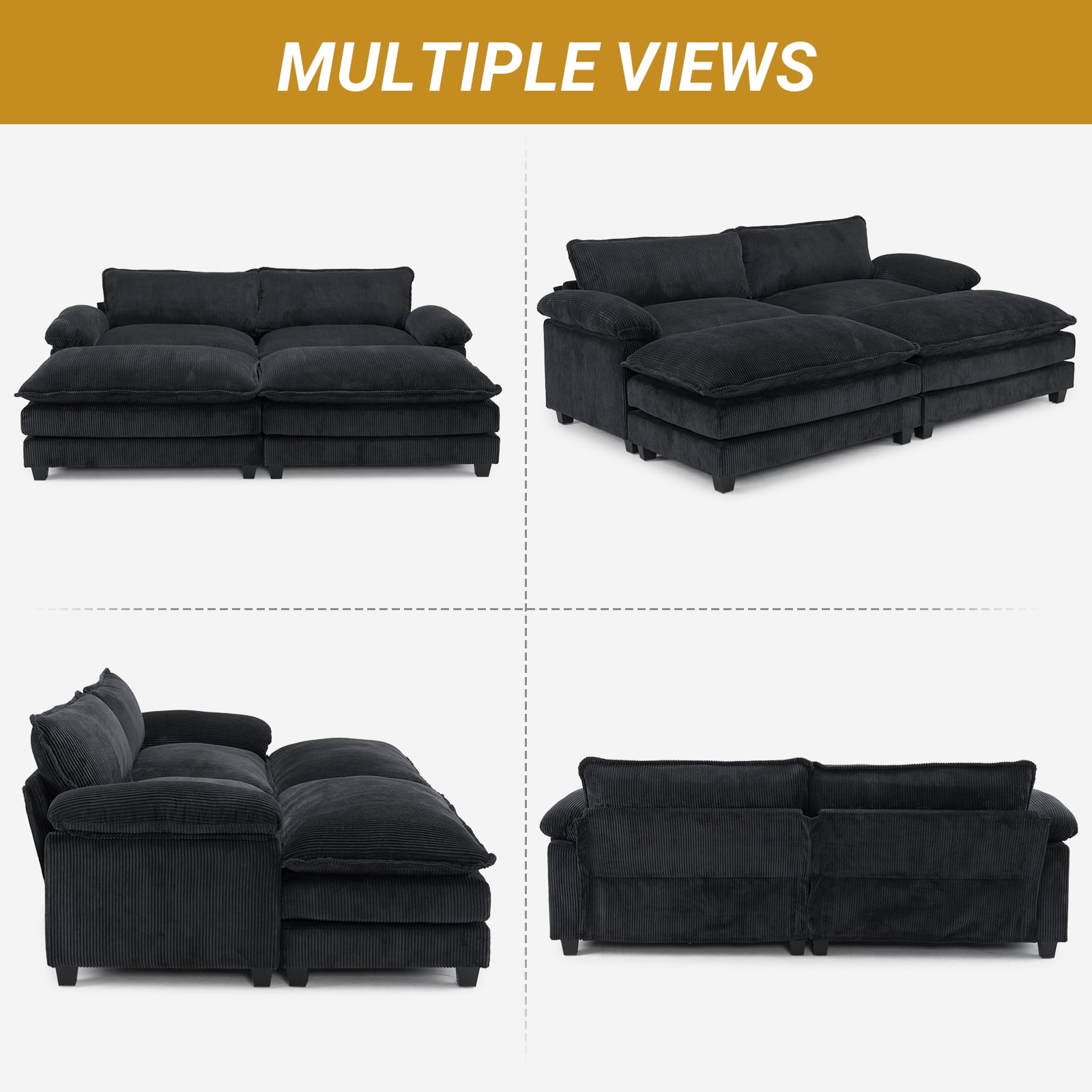 Zimtown 90“ Sofa Bed Couch with Pillow Arms and Double Layer Cushions, Corduroy Loveseat Sofa with Removable Ottoman for Living Room, Black