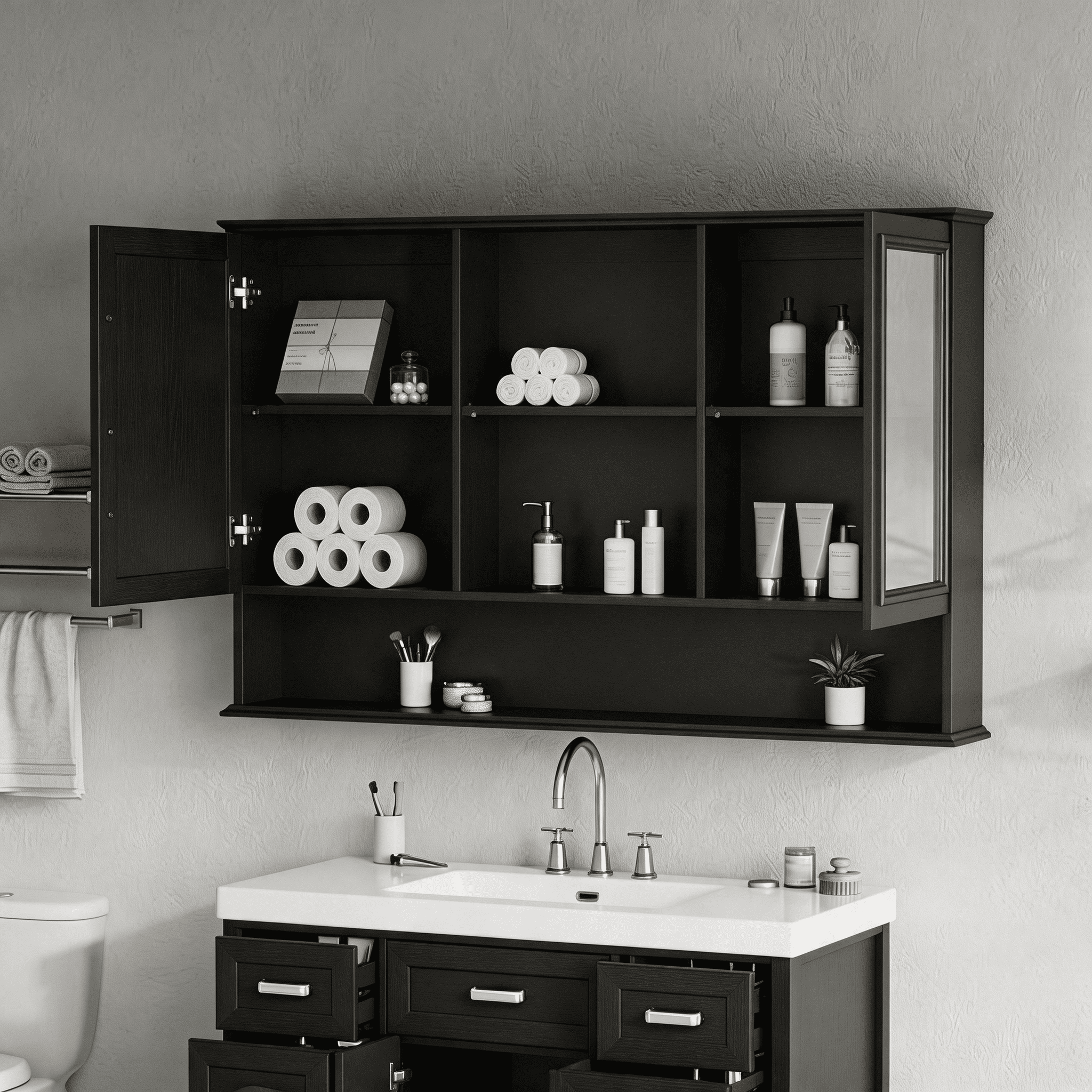 Mintazer 60" Wall Mounted Bathroom Medicine Cabinet with 2 Mirrored Doors, Adjustable Shelves & Soft Close Hinges for Bathroom Laundry Room, Black