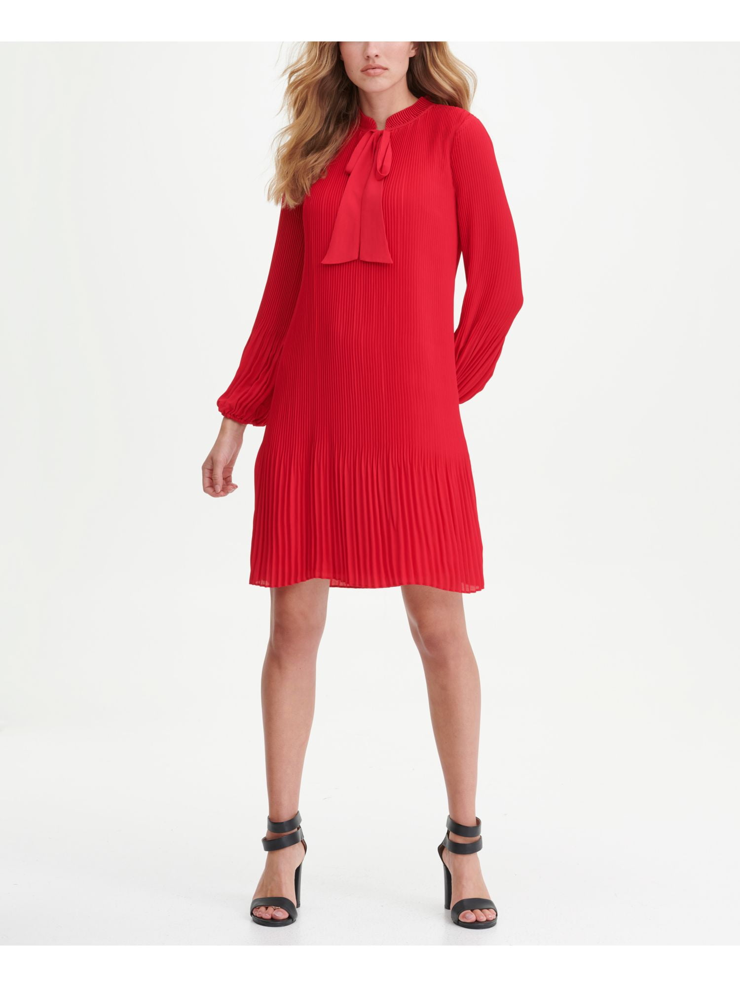 DKNY Womens Red Pleated Long Sleeve Tie Neck Short Evening Fit Flare Dress 2 - Walmart.com
