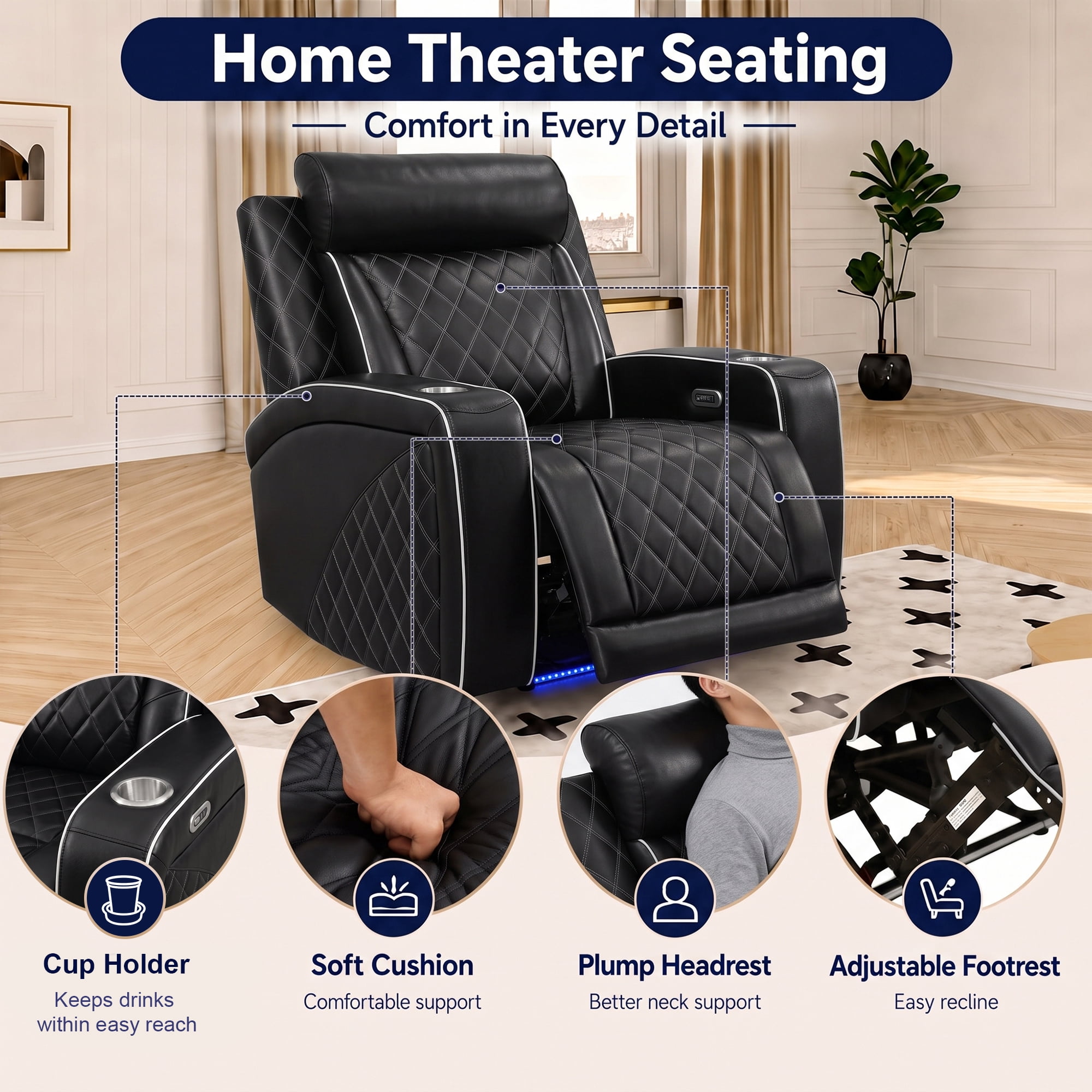 Aukfa Power Recliner RV Sofa with USB, Cup Holders & LED Lighting, Storage Arm, Home Theater Seating for Living Room, PU Leather, Black