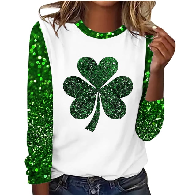 Staron Soldes de Liquidation Hauts pour Femmes Jour de la Saint-Patrick T-Shirts Trèfle Irlandais Col Rond Graphique Blouses Manches Longues Hauts Décontractés Chemises Douces Boho Tunique Ample Décontractée