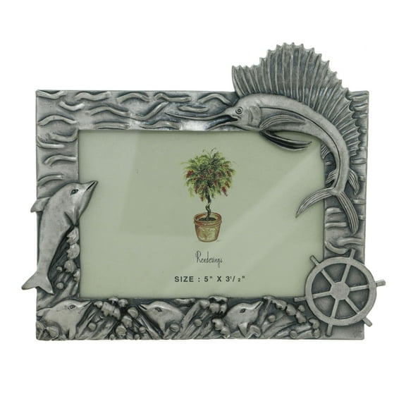 Beach & Fish Ocean Themed Pewter Picture-Frame with Dolphins