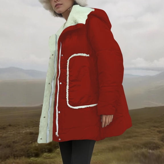 Pounoo Oversized Womens Fleece Lined Puffy Jacket Casual Thermal Zip Up Hooded Outerwear Winter Thicken Warm Sherpa Puffer Coats Gift