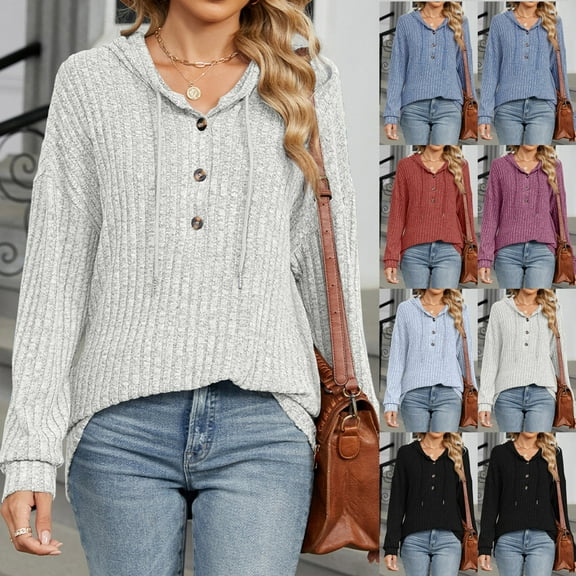 ATOYSOY Loose Knitted Shirts with Pockets for Women Trendy Half Button Pullovers Drawstring Tops Casual Ribbed Outwear Fall Long Sleeve Hoodies Sweatshirts Black L