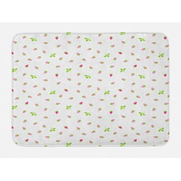 Strawberry Bath Mat, Simplistic Hand-Drawn Berries and Leaf on White Backdrop, Plush Bathroom Decor Mat with Non Slip Backing, 29.5" X 17.5", Lime Green White, by Ambesonne