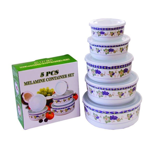Melamine Storage Tableware Bowls with Lids, Grape Pattern, 4.33"-7.48", 5-Piece