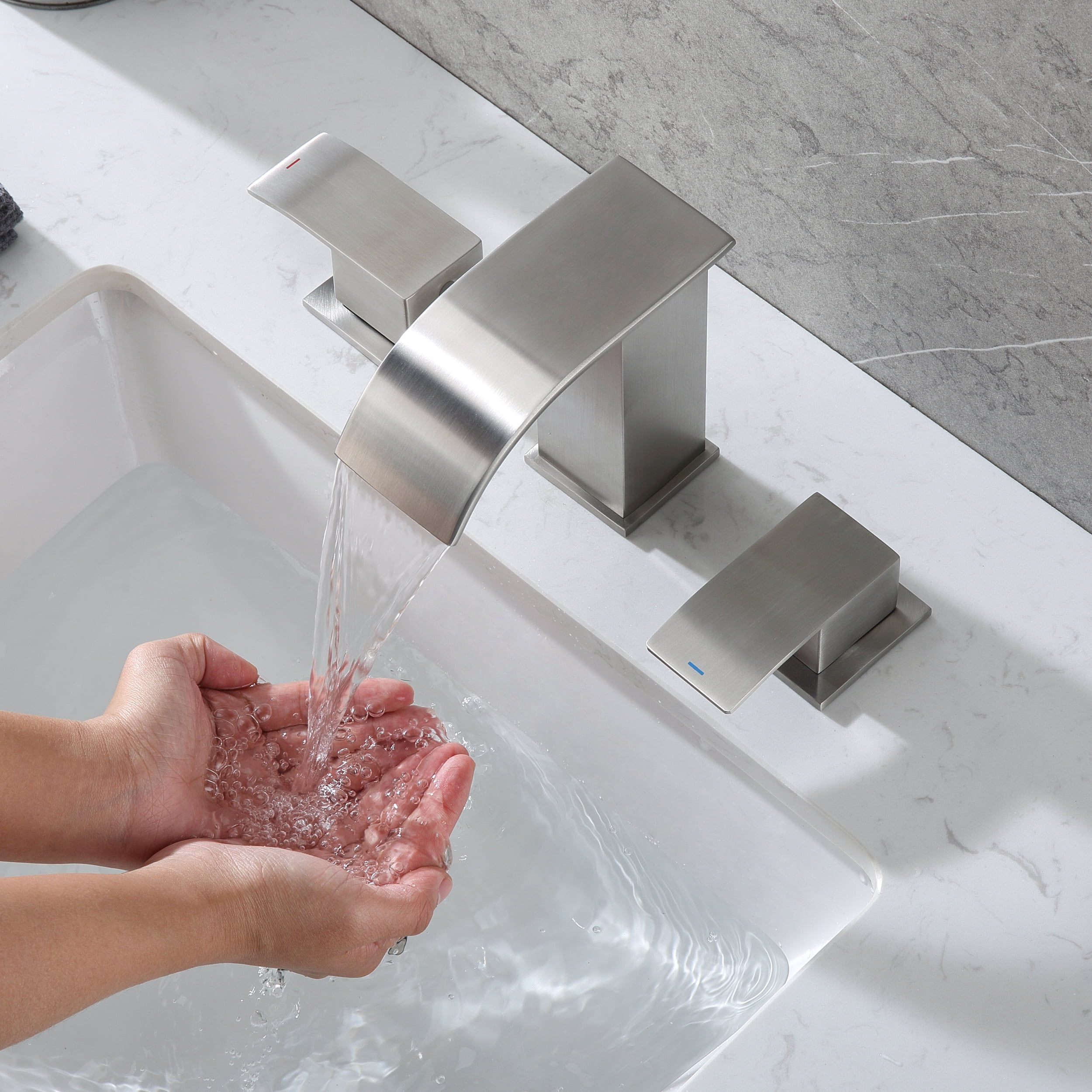 Bathroom Sinks Faucets 2-Handles 8 Inch 3 Hole - Widespread Waterfall Bathroom Sinks Brushed Nickel Faucet Gagalife