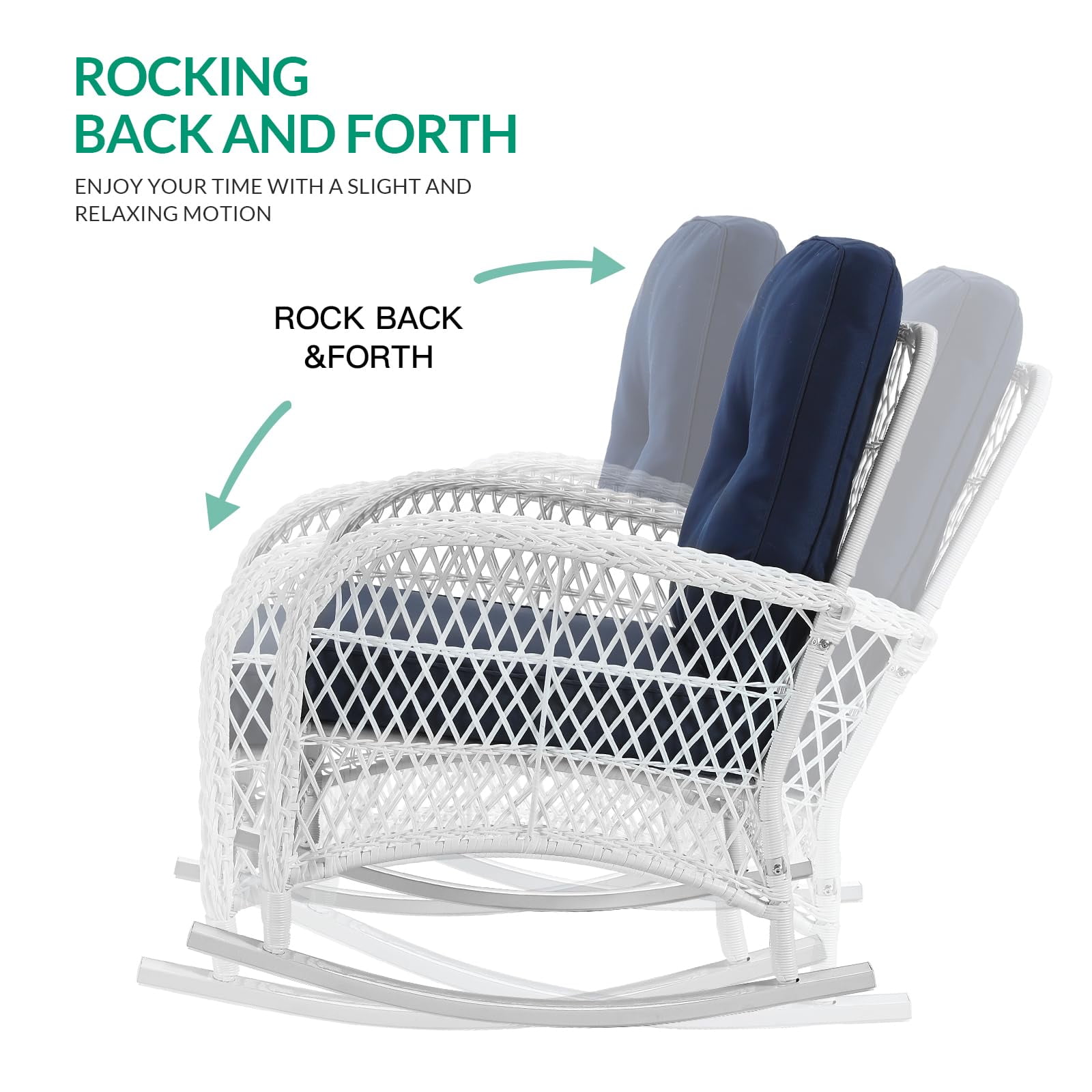 VIVIJASON 3-Piece Outdoor Conversation Bistro Set, Patio Wicker Rocking Chairs Rattan Furniture Sets w/ 2 Rattan Chairs, Cushions, Glass Top Side Table for Garden Porch Backyard (White/Navy Blue)