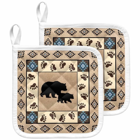 Farmhouse Bear Pot Holders for Kitchen Heatproof Potholder, 2 Pack Country Vintage Animals Paw Print Brown Hot Pads Multipurpose Oven Pads Cloth Potholders Trivet for Cooking and Baking