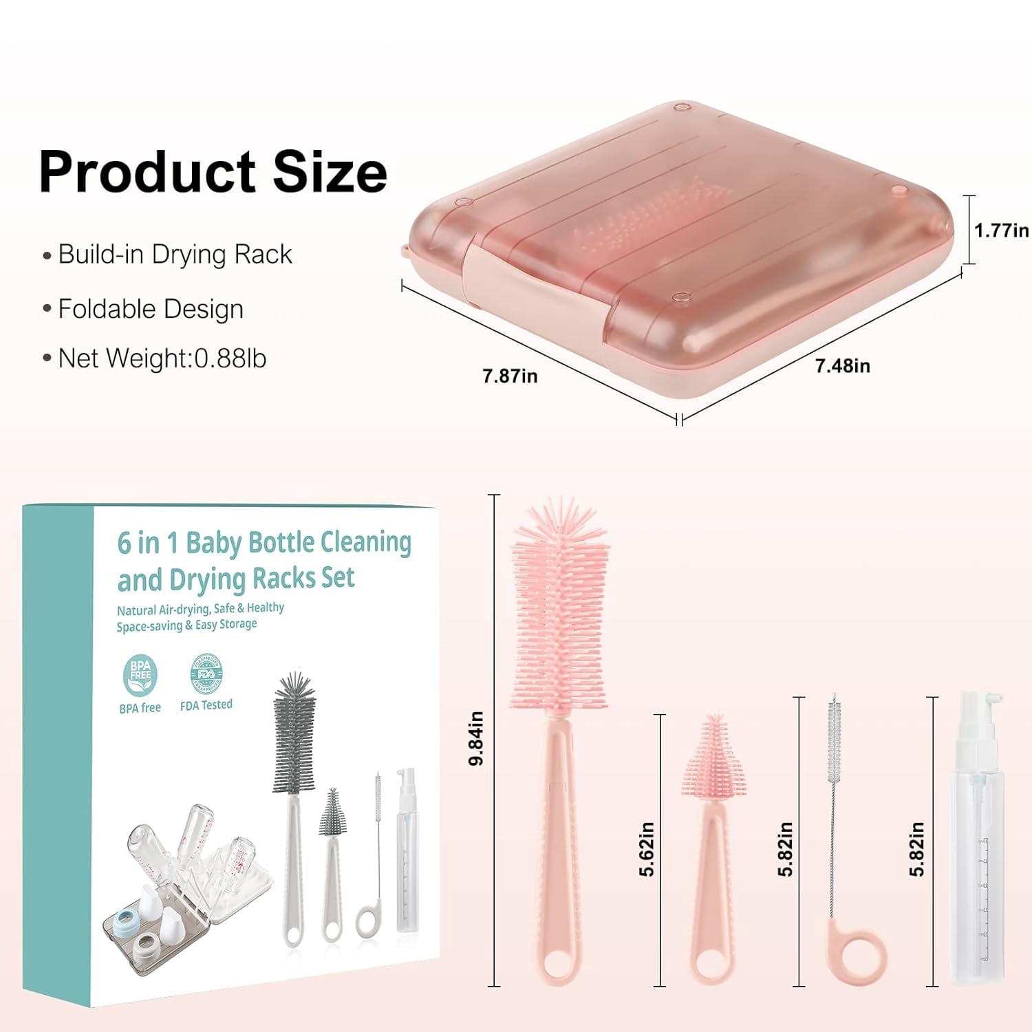 6 in 1 Baby Bottle Cleaner Set with Drying Rack,Silicone Baby Bottle Brush,Straw Brush,Nipple Brush,Soap Dispenser and Storage Box, Portable Baby Essentials for Home&Travel(Pink)
