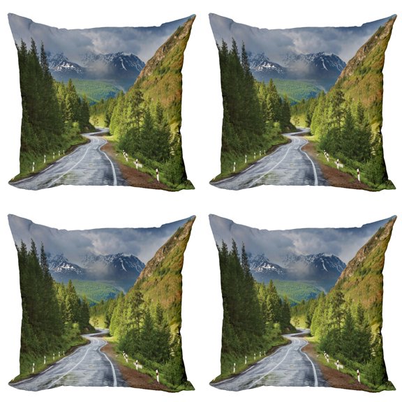 Ambesonne Nature Throw Pillow Cover 4 Pack, Mountain Landscape Road, 16", Green Grey Brown