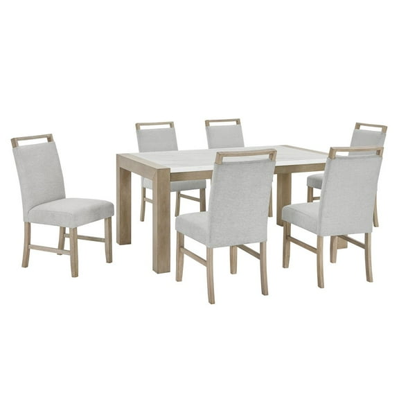 Roundhill Furniture Zelalle 7-Piece Dining Set, Table with 6 Chairs, White Wired-Brushed Finish