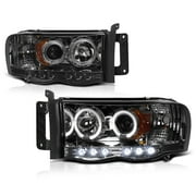 [For 2002-2005 Dodge RAM 1500 2500 3500] LED Halo Ring Smoke Projector Headlight Headlamp Assembly, Driver & Passenger Side