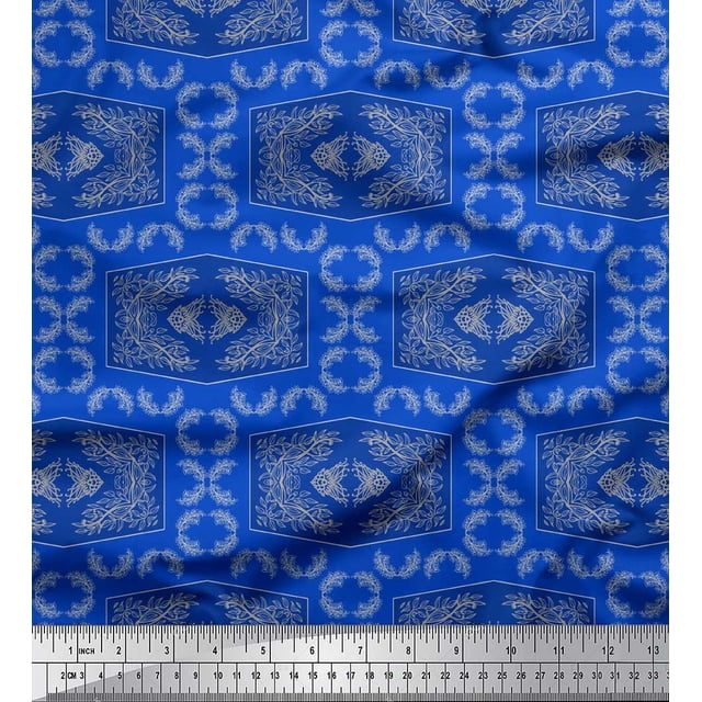 Soimoi Blue polyester Crepe Fabric Leaves & Floral Geometric Printed Craft Fabric by the Yard 42 Inch Wide