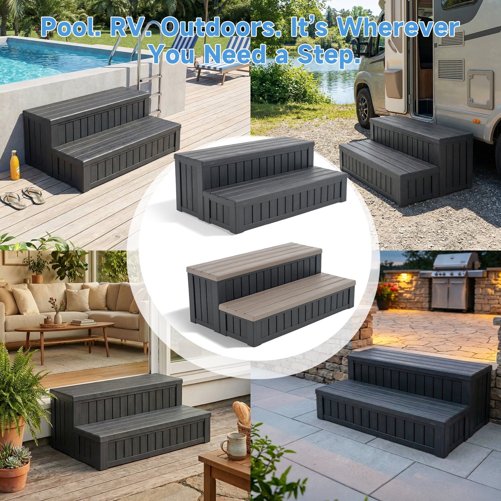 Dovov SPA Hot Tub Steps with Storage, Anti-Slip SPA Steps 36.6" Spa Hot Tub Storage Steps Indoor Outdoor Hot Tub Deck Step Swimming Pool Stairs, 780 lbs Capacity, Black