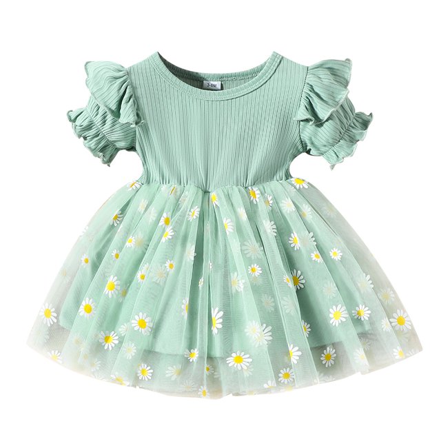 TSADFHJI Robes d'Automne pour Bébé Fille 6-9 Mois Lin Enfant Fille Manches Courtes Robe Princesse Florale 3-6 Mois Vert