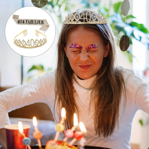 COSMOBETTY 1 Set of 2Pcs Golden Crown and Sash for Birthday Party 14.5x12.5in