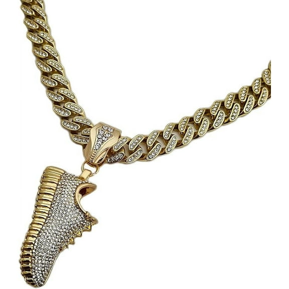 Hip Hop Iced Gold Plated Cubic Zirconia Jewelry Shoe Pendant & 13mm 20" Cuban Box Lock Chain Necklace Fashion Set
