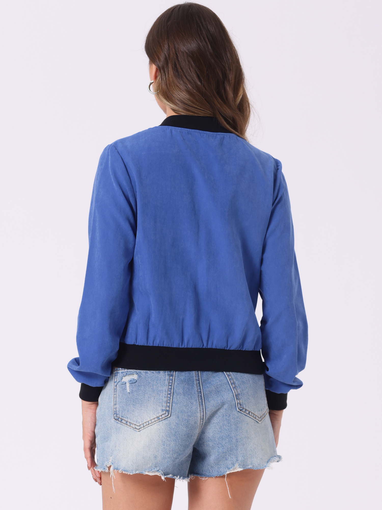 DARING DIVA Stand Collar Zip Up Flap Pocket Long Sleeve Bomber Jacket S Blue