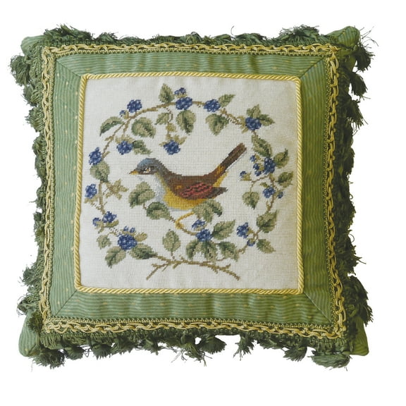 Bird In Blackberry Petit Point Accent Pillow