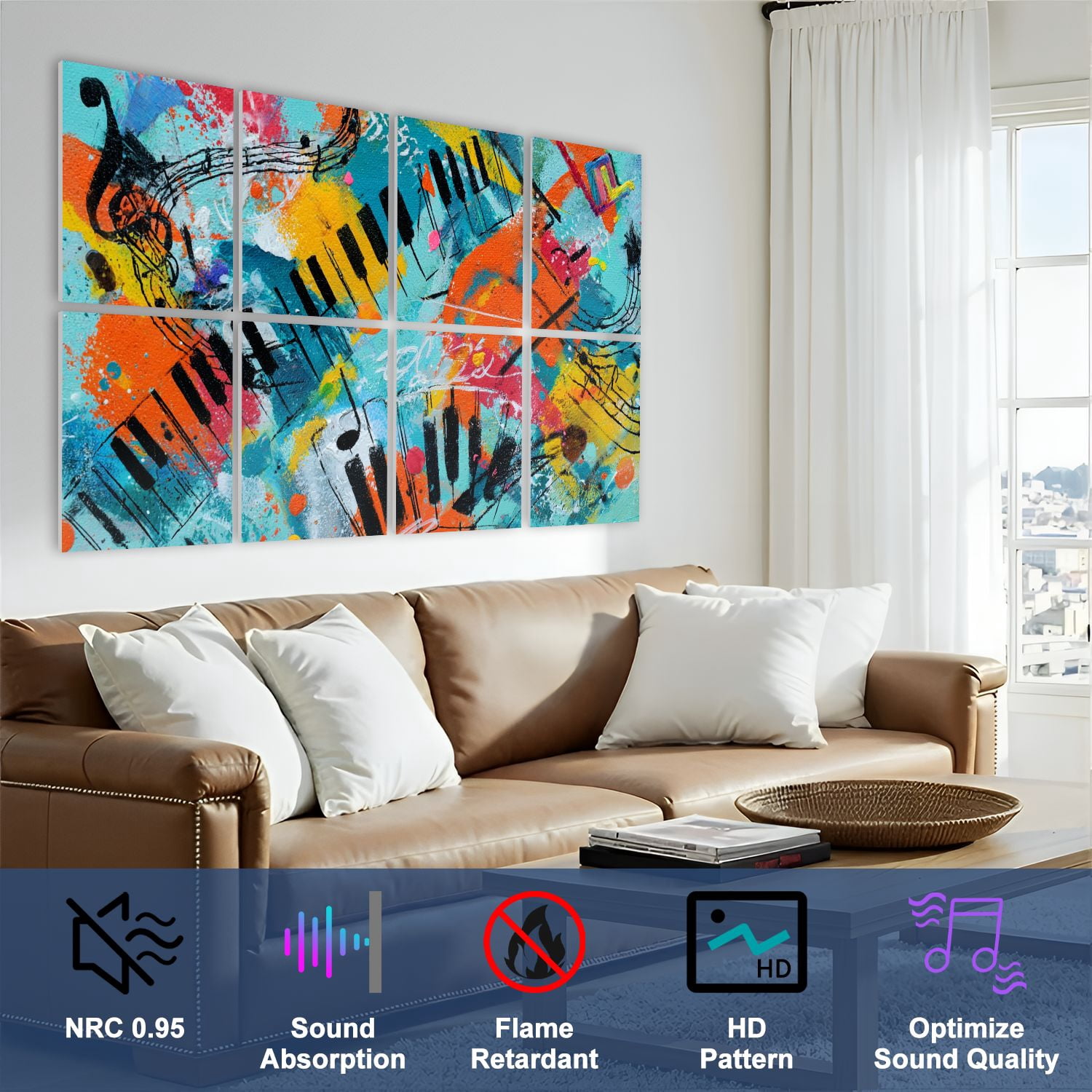 8 Pack Art Acoustic Panels Sound Absorbing Abstract Piano Keyboard Musical Notes Splash Graffiti Curved Piano Decorative Soundproof Wall Panels Self Adhesive for Nursery Game Room Bedroom 48"x32"