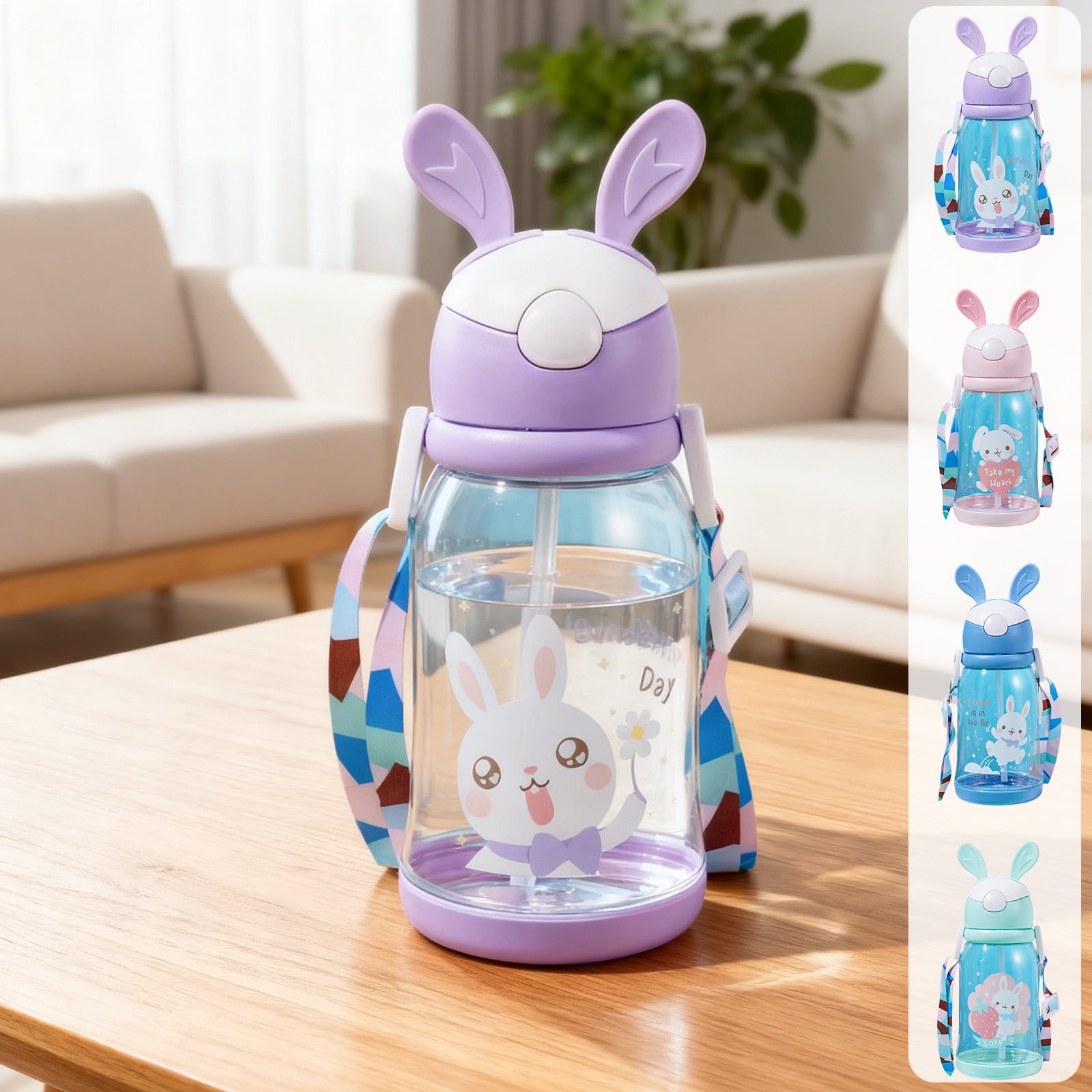 600ml Large Capacity Water Bottle Kawaii Rabbit Straw Bottle with Strap Cartoon Water Bottles With Bunny Ears Cute Water Can for Women Outdoor Gym Ideal Gift For Easter