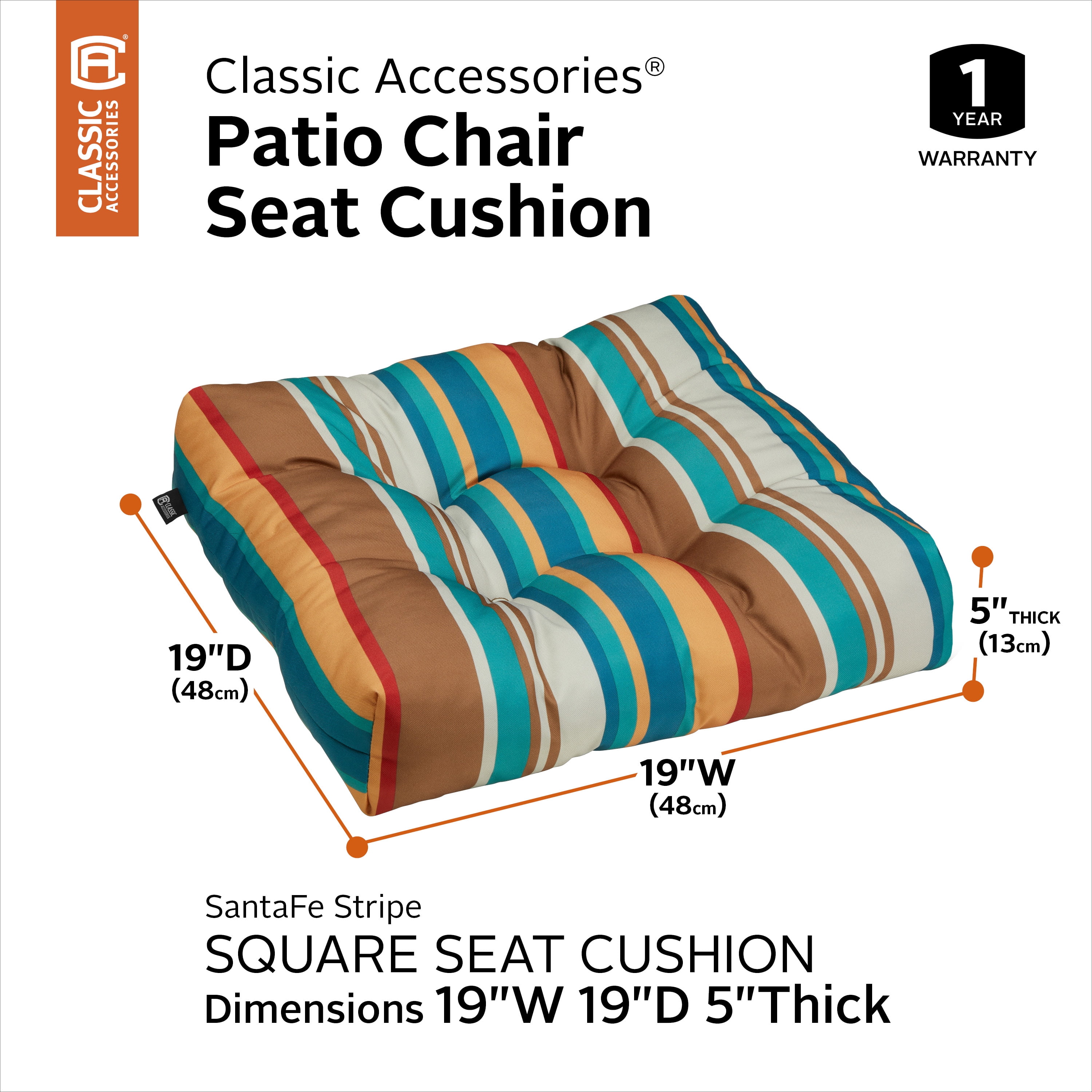 Classic Accessories Water-Resistant Square Patio Seat Cushions, 19 x 19 x 5 inch, SanteFe Stripe, 2 Pack