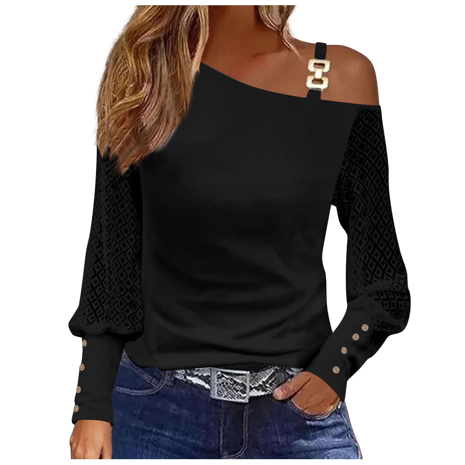 DPTALR Women's Casual One Shoulder Drop Shoulder Long Sleeve