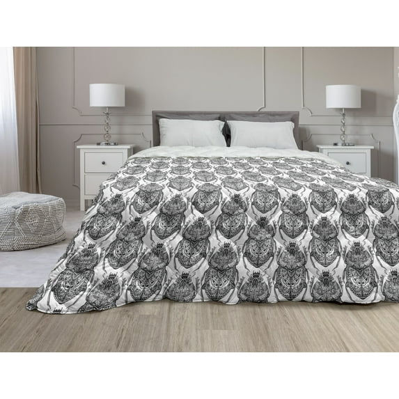 Egyptian Print Down Alternative Comforter, Hieroglyphs and Floral Geometric Ornament Border Aged Paper Style Backdrop, Microfiber Quilt for All Season, 5 Sizes, Multicolor, by Ambesonne