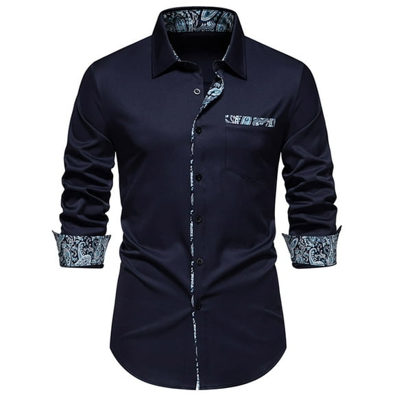 WREESH Men's Elegant Dress Button Down Shirts Casual Long Sleeve with Patchwork Design, Turn-Down Collar, and Solid Color for a Versatile Wardrobe Essential Navy