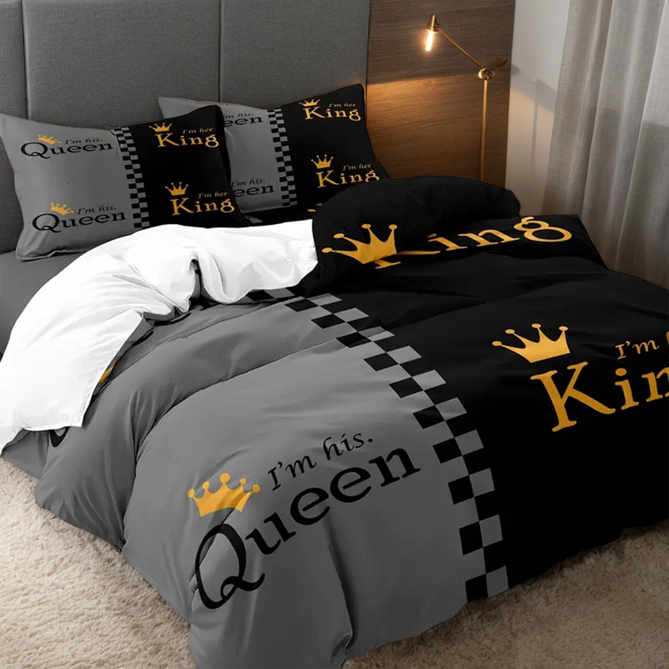 Orylavena Valentines Day Couples Classic Gray Crown Duvet Cover Set, White Back, King