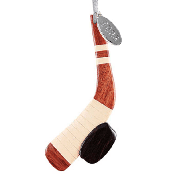 Hockey Christmas Ornament, Hand Carved Wood Hockey Ornament w Two-Tone Intarsia Design, Gift Boxed with Year Hangtag