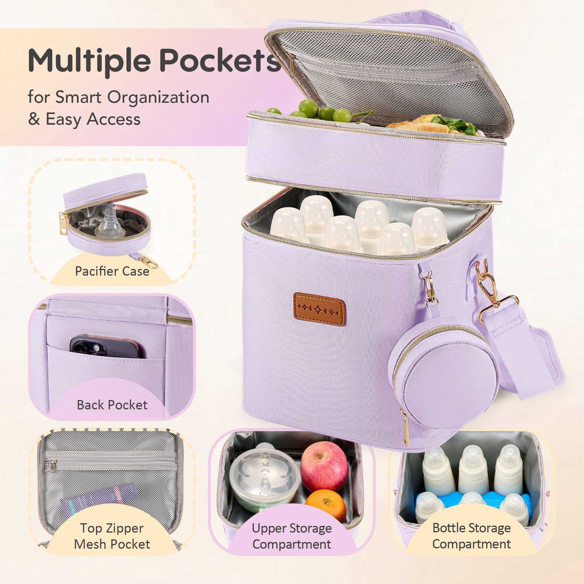 Breast Milk Cooler Travel Bag – Leakproof Insulated Baby Bottle Cooler Bag with Ice Pack,  Portable lunch bag, Purple