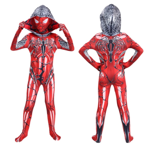Cosplay Costume Red and Black Patterned Spidery Hero Hooded Bodysuit for Halloween Party Role Play Comic Con Dress Up