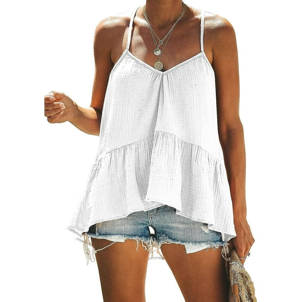 Blusas holgadas con tirantes finos y cuello en V estilo halter y peplum para mujer