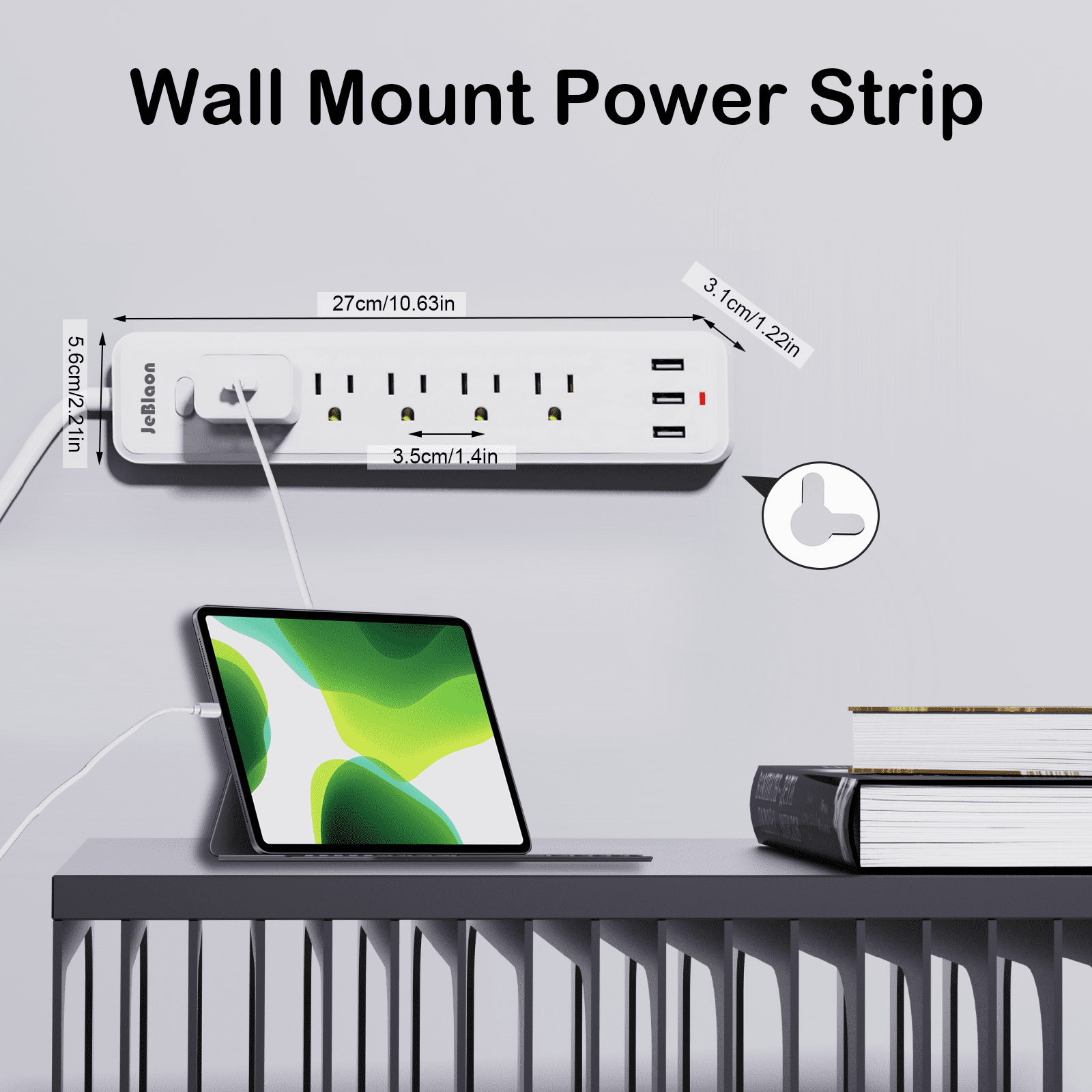 Surge Protector Power Strip with 5 AC Outlets 3 USB Ports 3.3 ft Extension Cords ETL Listed, White
