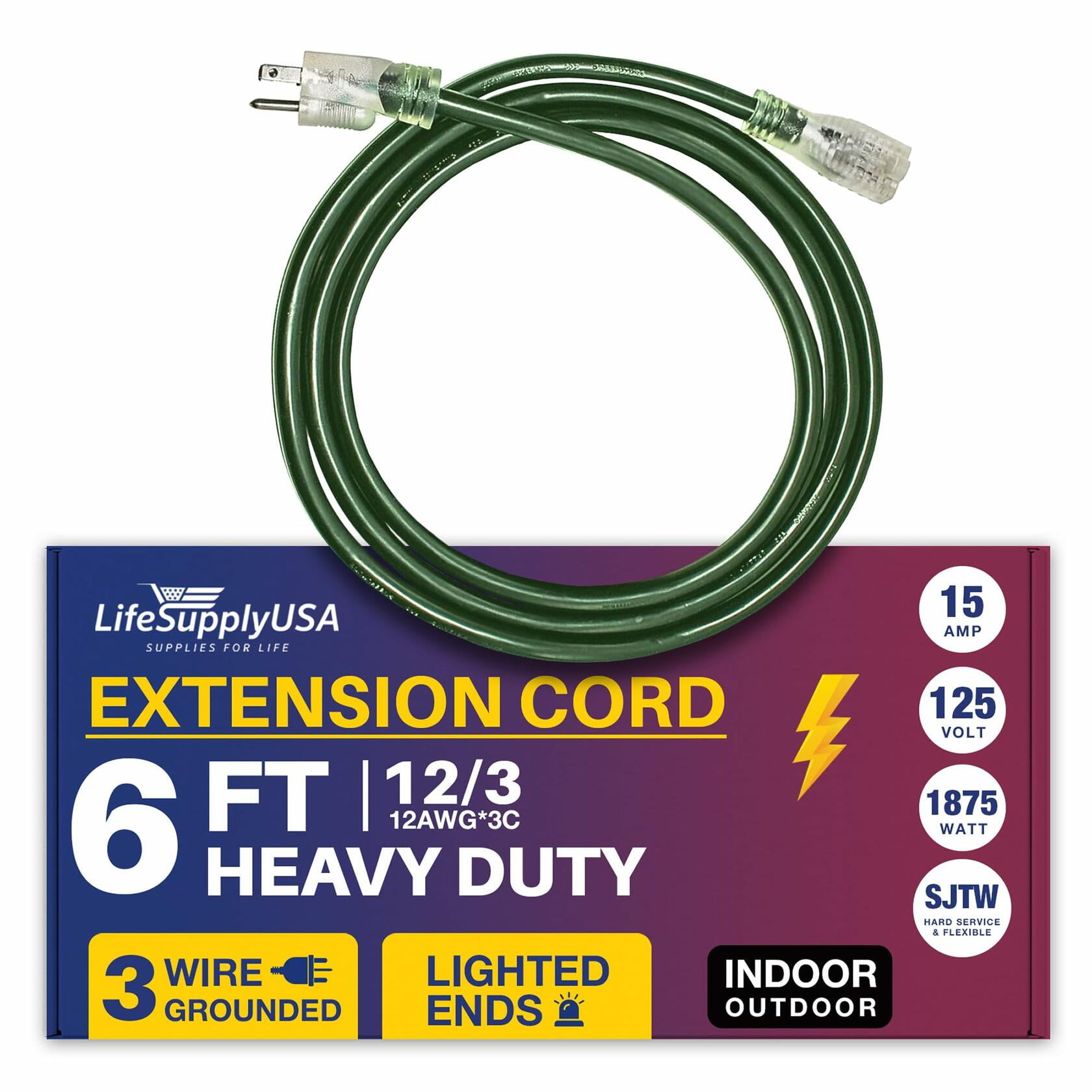 6ft Power Outdoor Extension Cord & Indoor - Waterproof Electric Drop Cord Cable - 3 Prong SJTW, 12 Gauge, 15 AMP, 125 Volts, 1875 Watts, 12/3 by LifeSupplyUSA - Black (1 Pack)