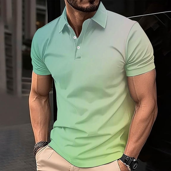 Men's Gradient Polo Shirt, Short Sleeve Button Down Collared Top, Casual Business Casual Summer Golf Shirt