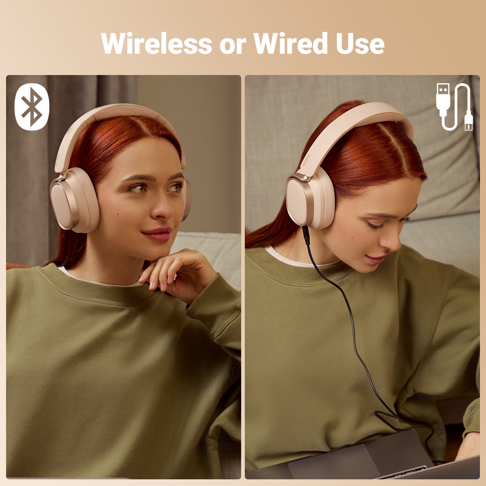 Edifier Bluetooth Active Noise Cancelling Headphones, 92H Playtime Hi-Res Audio Certified, Fast Charging - Pink