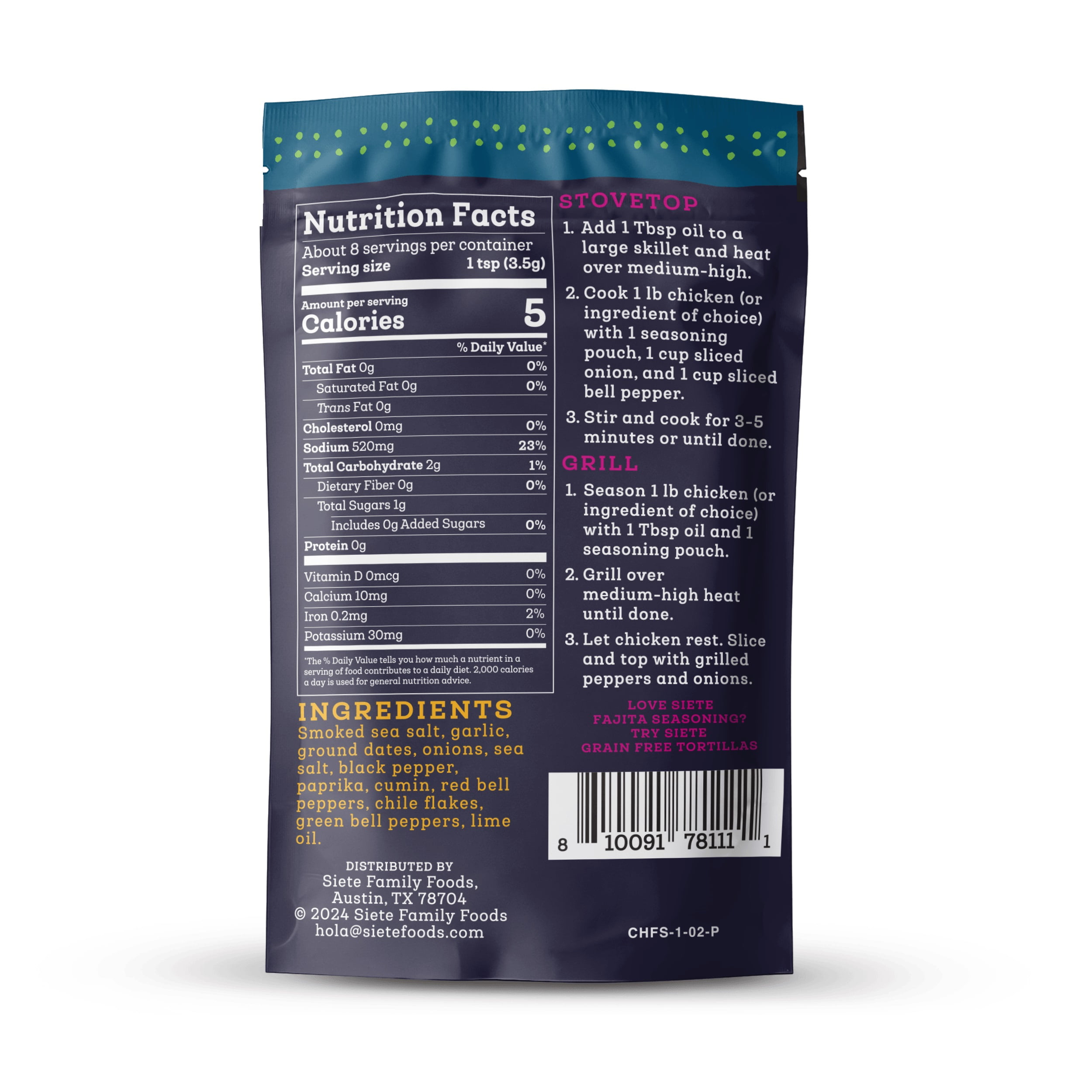 (12 pack) Siete Family Foods Chicken Fajita Seasoning, 1oz packet