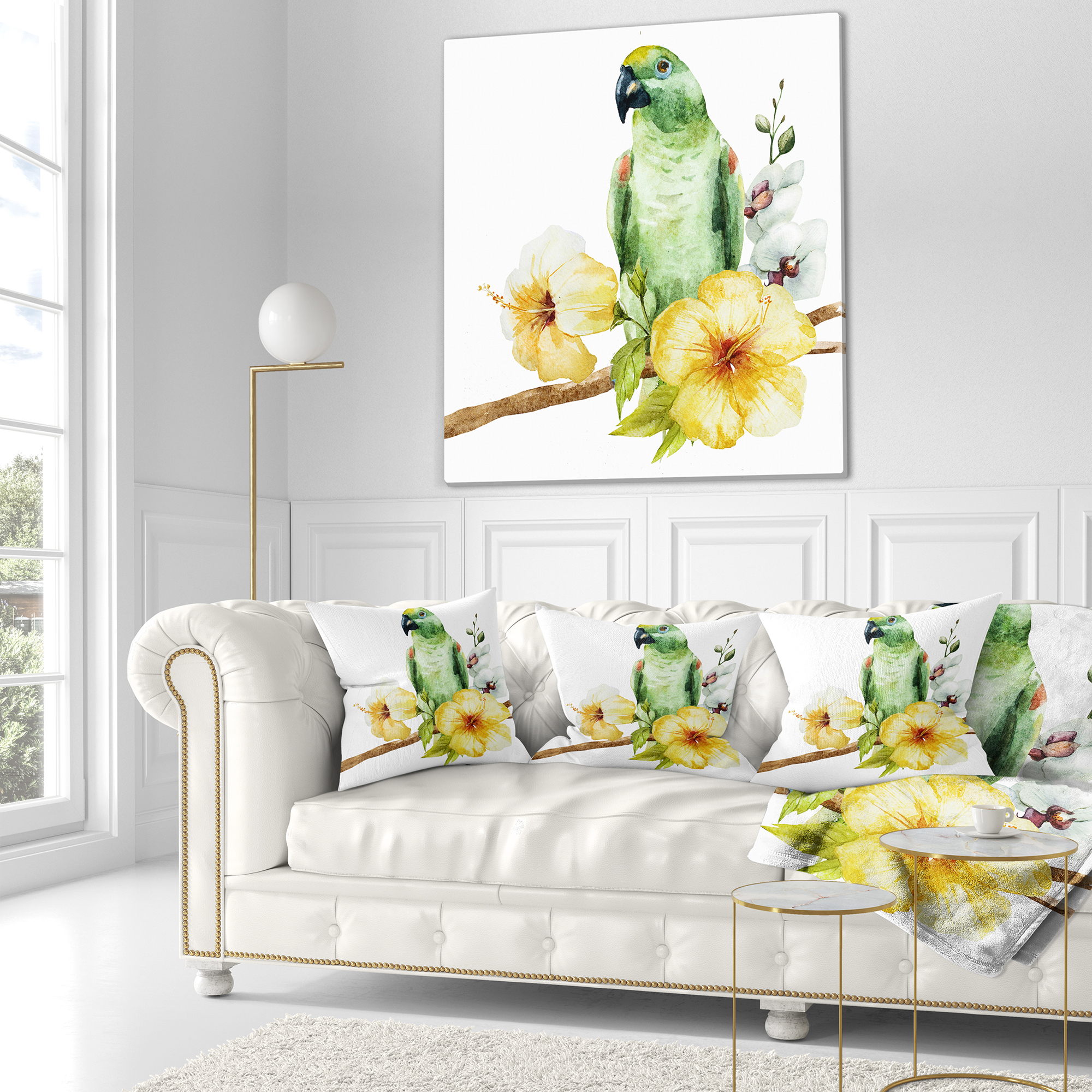 Designart Parrot with Flowers Watercolor - Floral Painting Throw Pillow - 16x16