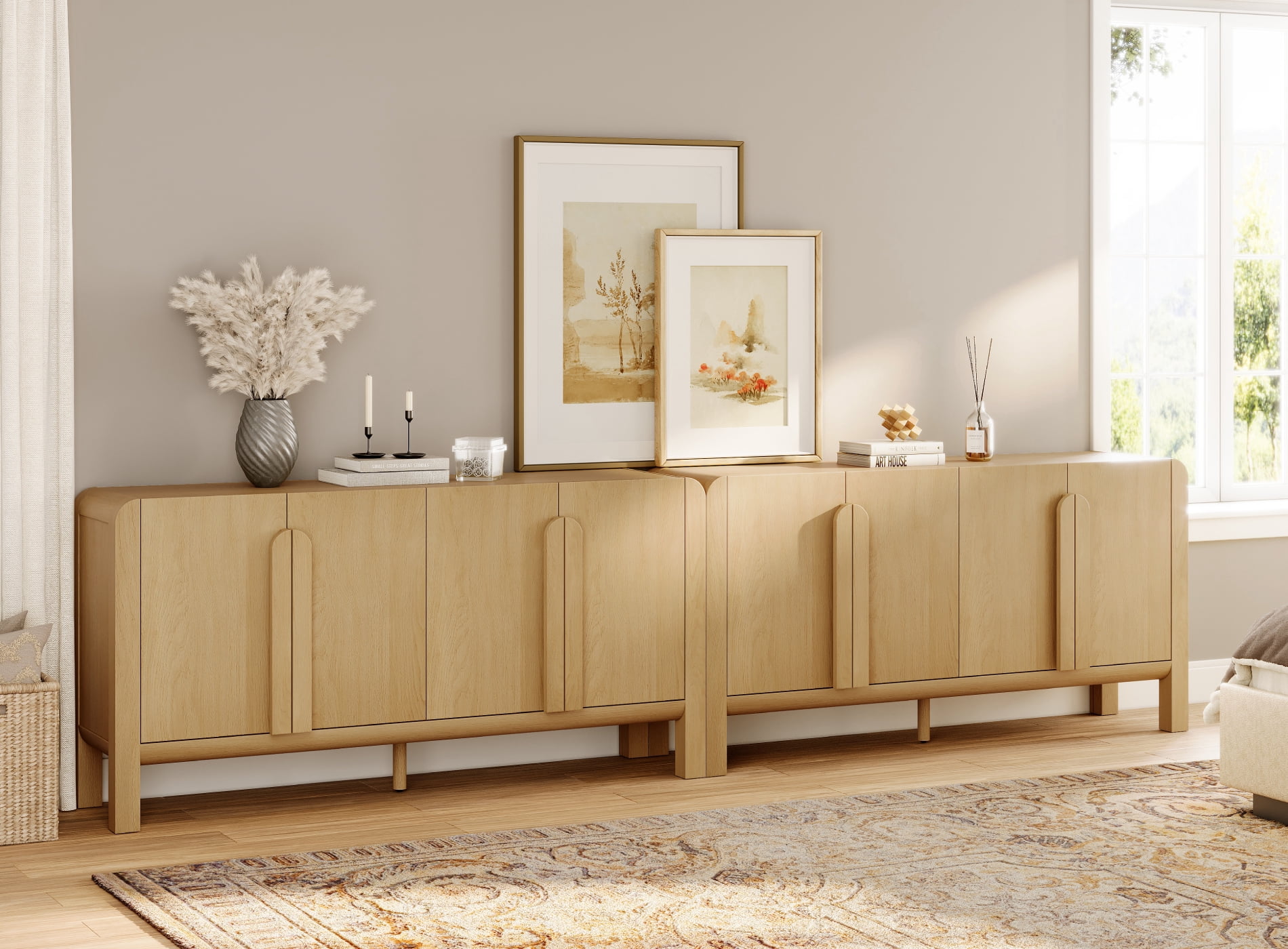 126" Accent Cabinet with 8 Doors and Adjustable Shelves, Modern Credenza Storage Cabinet with Curved Profile Design for Living Room, Kitchen, Dining Room, Hallway