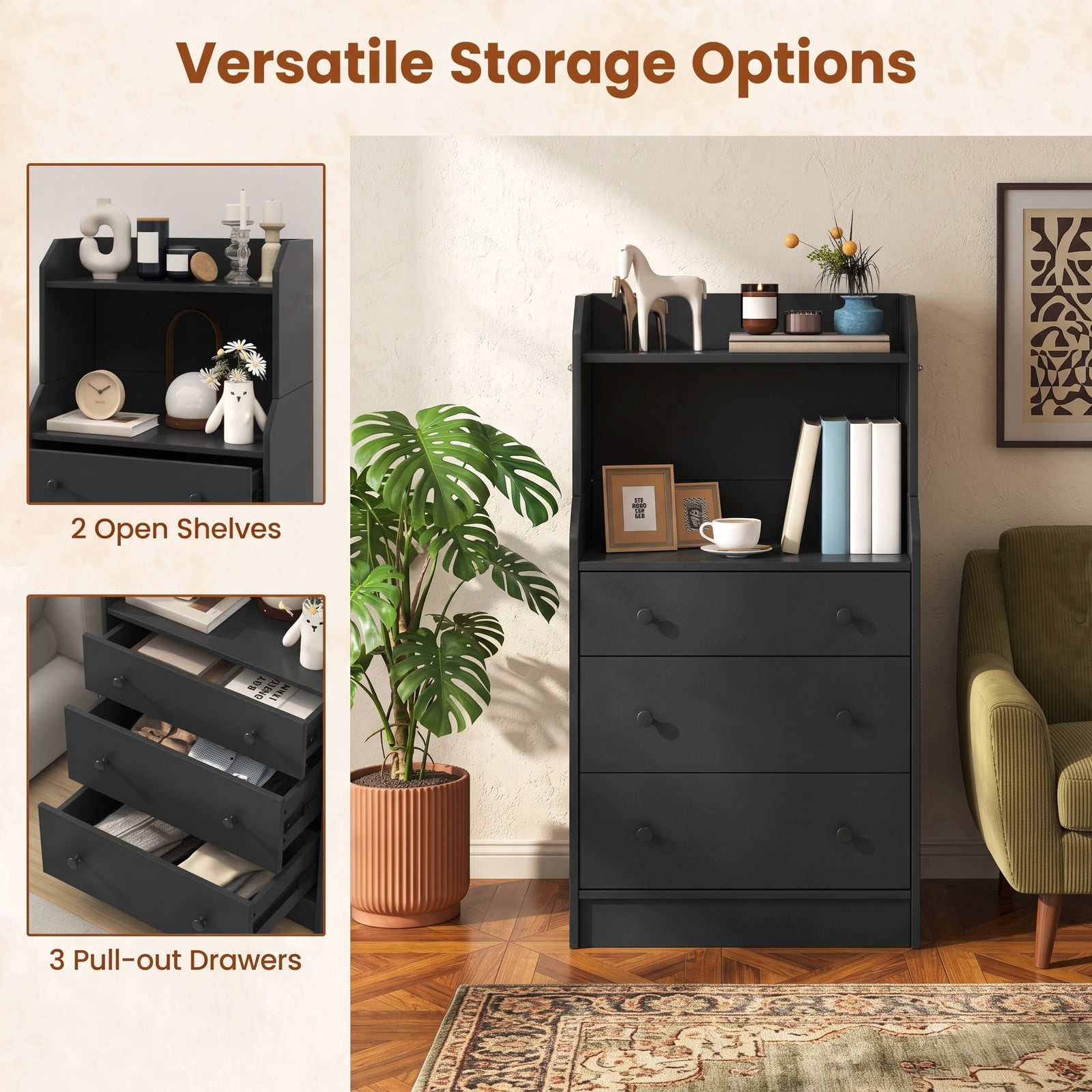 Furnibear 3-Drawer Storage Dresser with Open Display Shelves and Anti-Toppling Device for Bedroom Nursery and Entryway, Black